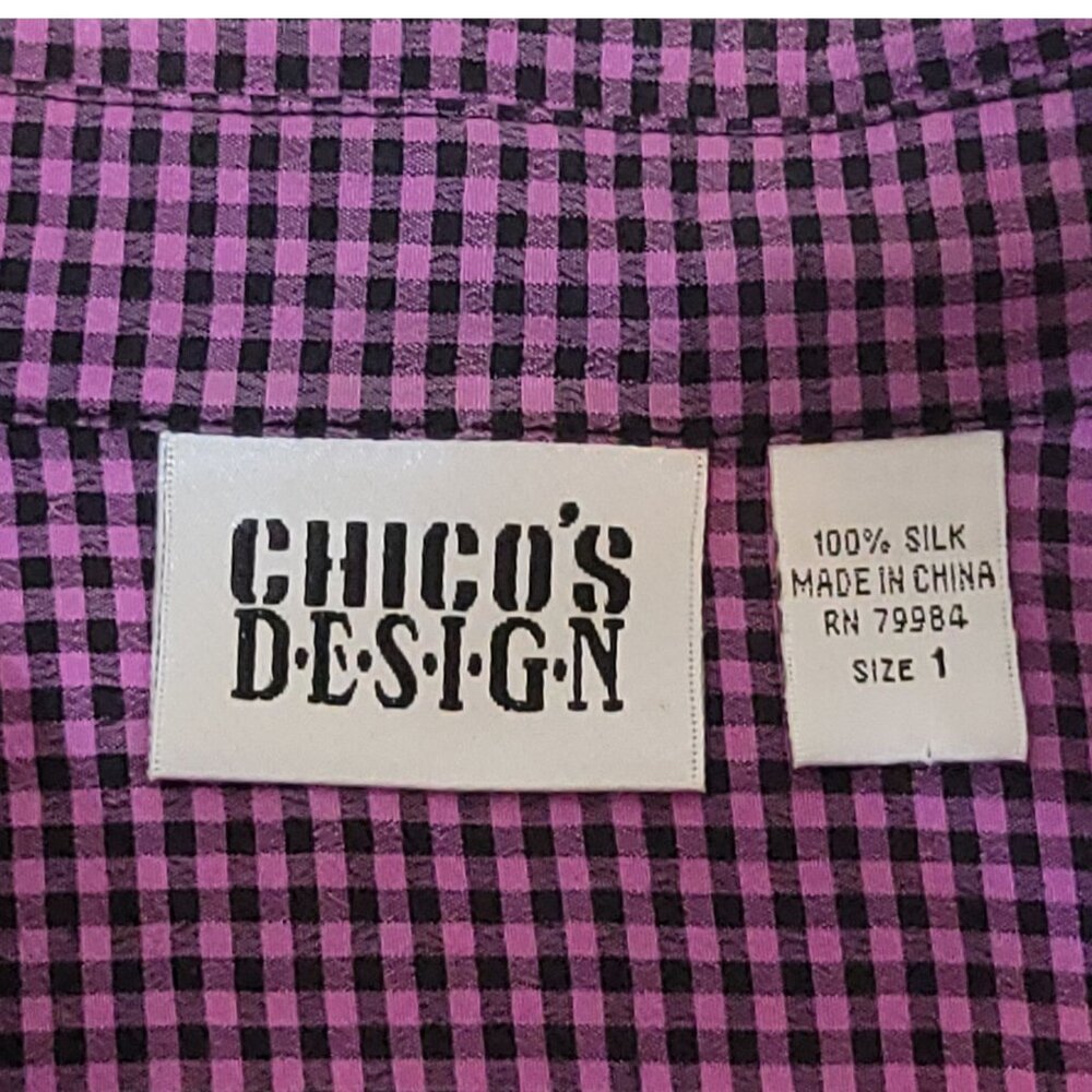 Chicos Design Purple Black Checked Gingham100% Silk Button-Up Shirt Sz 1 M - Picture 3 of 16
